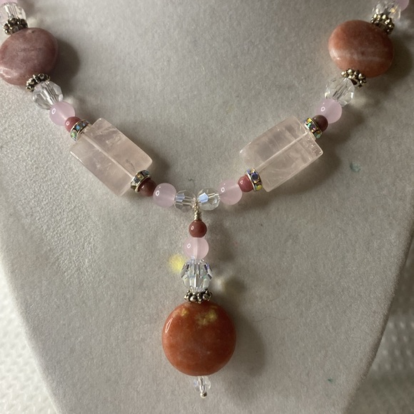 Handcrafted Pink Opal and Rose Quartz Necklace and Earrings Set - Picture 2 of 6